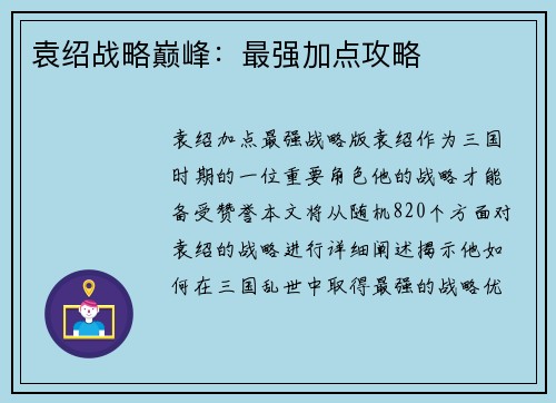 袁绍战略巅峰：最强加点攻略