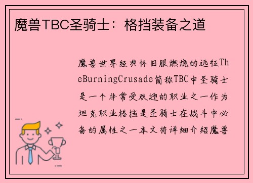 魔兽TBC圣骑士：格挡装备之道